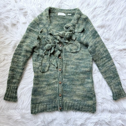 Anthropologie Sleeping on Snow Green Mohair Felt Cardigan 3D Floral Accent - Bild 2 von 10