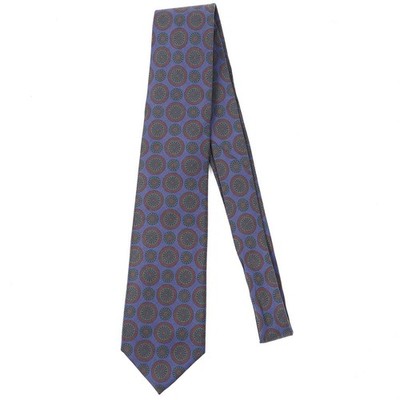 Isaia Napoli Slate Blue-Green-Brown Medallion Print Silk Tie 3.5'' Width