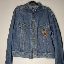Vintage Lee Denim Jacket Mens L Blue Sanforized Made USA Distressed 70s Harley