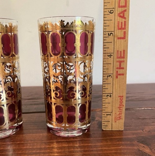 Culver Mallorca Arándano Highball Vaso de Vidrio Rojo 22k Oro Rollo Lote Set - Imagen 5 de 5