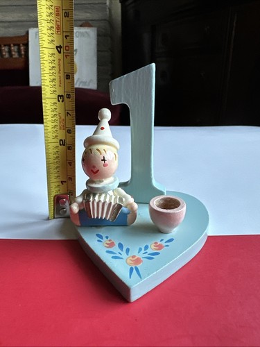 Vintage IRMI Erster Geburtstag Kerzenhalter Tortenaufleger Holz Clown Akkordeon - Bild 5 von 6
