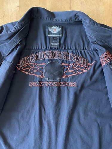 Harley Davidson Men’s Burning Skull Embroidered Mechanic Button Shirt Size XXL - Foto 12 di 20