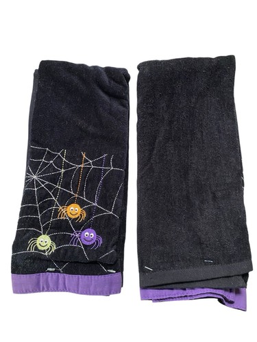 2 toallas de mano de baño negras de Halloween bordadas coloridas lindas arañas borde púrpura - Imagen 3 de 7