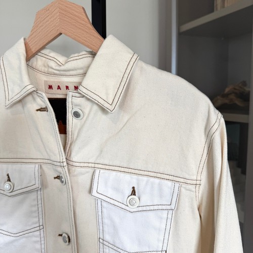 MARNI Two Tone Denim Trucker Jacket 42 Designer Jean Neutral Beige Ivory Cotton - Picture 3 of 6