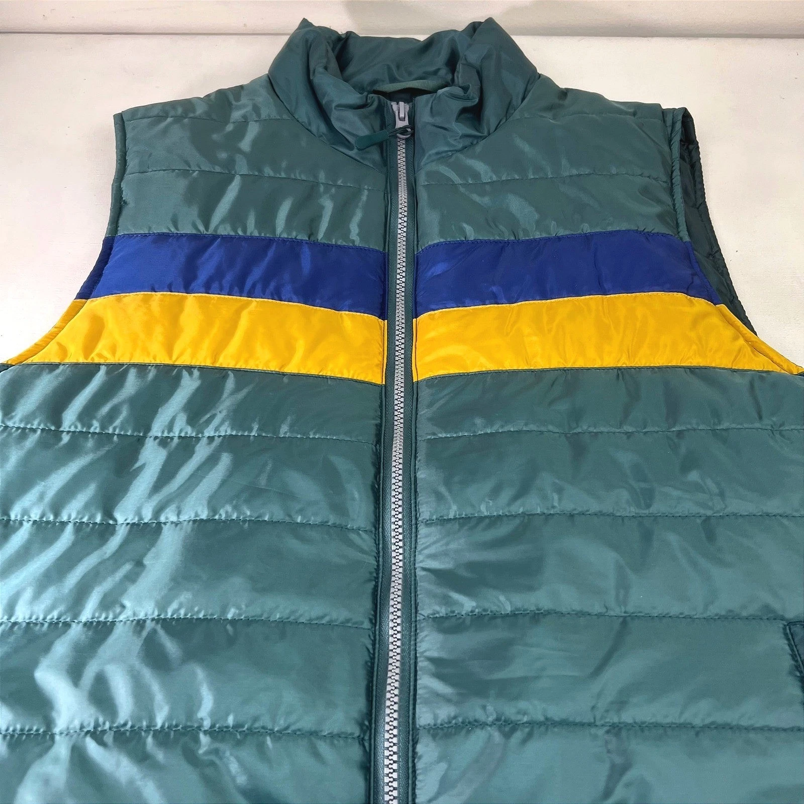 Puffer Vest Green Blue Yellow Stripes Sleeveless Jacket Coat Sonoma Small