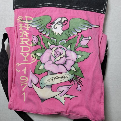 Vintage Y2k Ed Hardy rosa Canvas/schwarz doppelte Griffe Crossbody Beuteltasche Handtasche LESEN - Bild 2 von 8