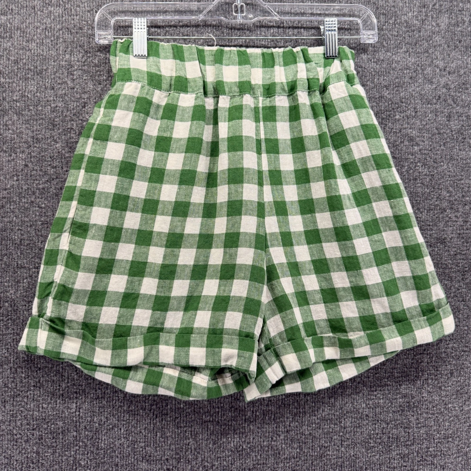 Amour Linen Shorts Womens XS Green Checked High Rise Nautical Resort Luxury Prep