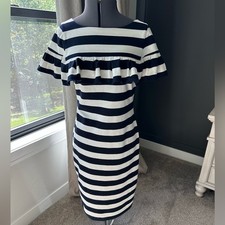 Eliza J Navy and White Striped Ruffle Midi Dress Women's Size 8 Classic Stretch