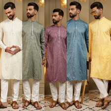 Designer Cotton With Heavy Khadi Embroidery Mirror Kurta Pajama Set For Men's