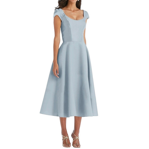 Alfred Sung Light Blue Mist Puff Cap Sleeve Full Skirt Satin Midi Dress 14 NWT