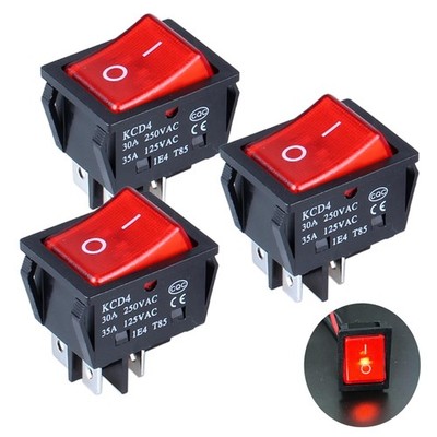 3 PCS 35A Power Switch, 125V/250V AC, ON Off, DPST 4Pin, Red Light, Rocker