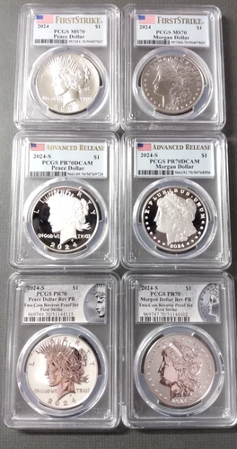 2024 Morgan & Peace Silver Dollar 6-Coin Full Set Flawless MS70 PF70 PCGS