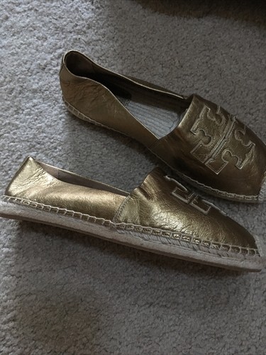 T-LOGO TORY BURCH ELEANOR ESPADRILLE FLACH GOLD LEDER GRÖSSE US 9,5 - Bild 3 von 6