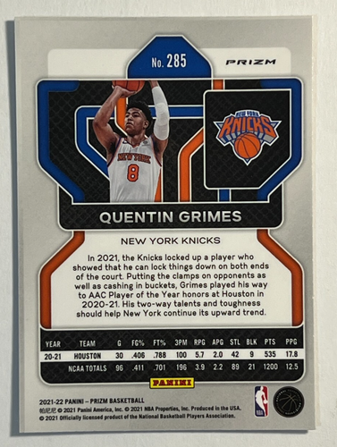 2021-22 Panini Prizm Basketball Silver Wave Factory Set RC #285 Quentin Grimes - Picture 2 of 2