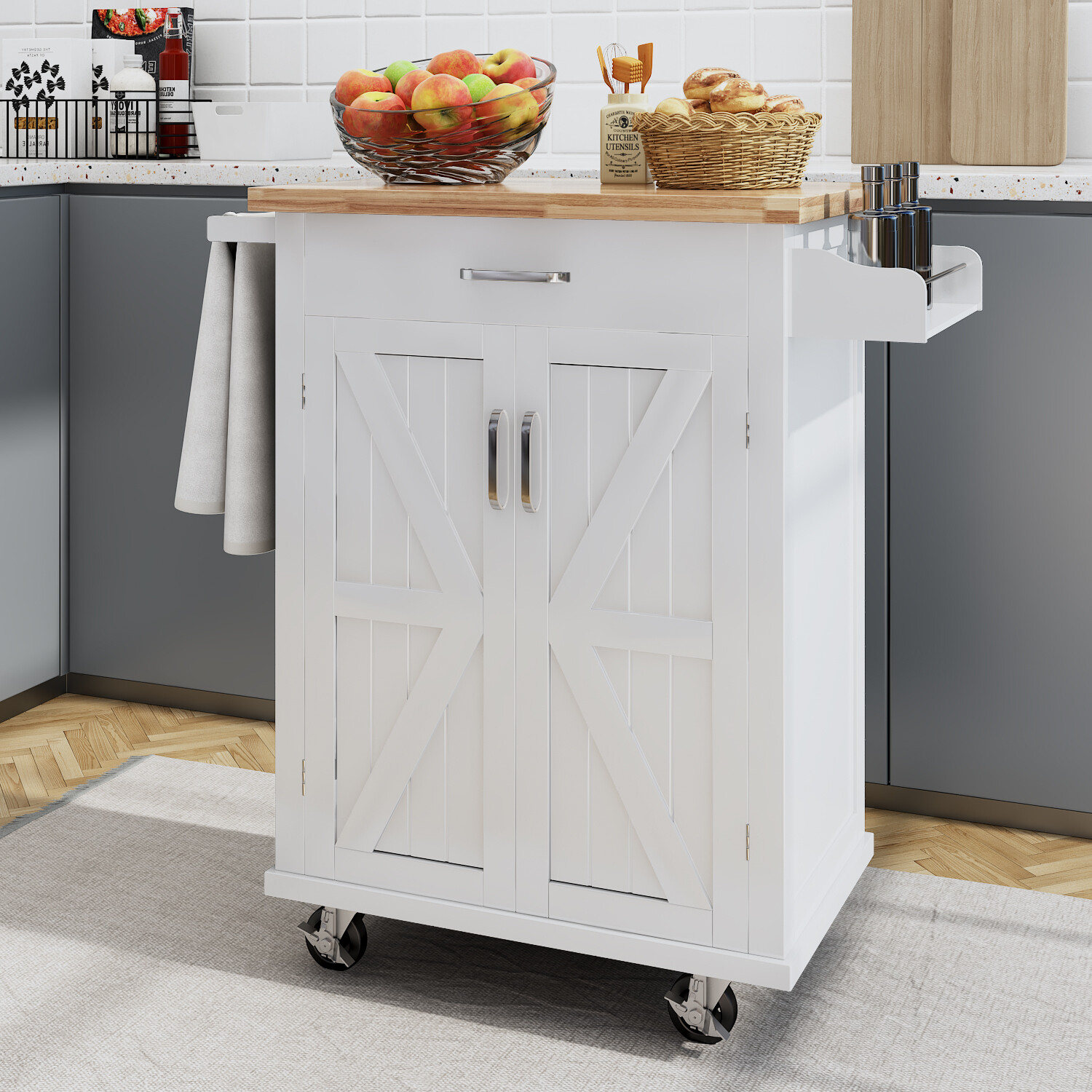 Drop-Leaf Kitchen Island Trolley Cart Wood Storage Cabinet with Spice Towel Rack - Picture 20 of 28