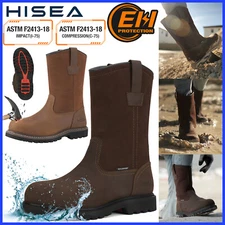 HISEA Mens Wellington Work Boots Steel/Soft Toe Waterproof Leather Western Boots