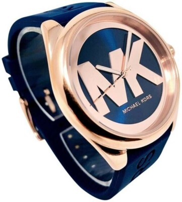 MICHAEL KORS NAVY BLUE JANELLE SILICONE BAND,ROSE GOLD MK LOGO
