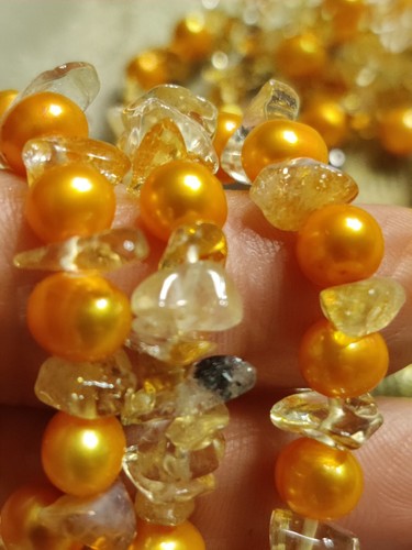 4 Strand Orange Freshwater Pearl Citrine & Quartz Silver 925 Clasp Necklace 16" - Picture 4 of 8