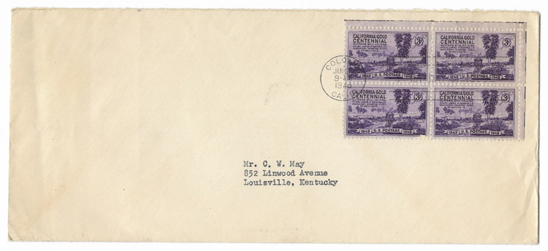 1948 US 3c  CALIFORNIA GOLD CENTENNIAL 4 Block Cover