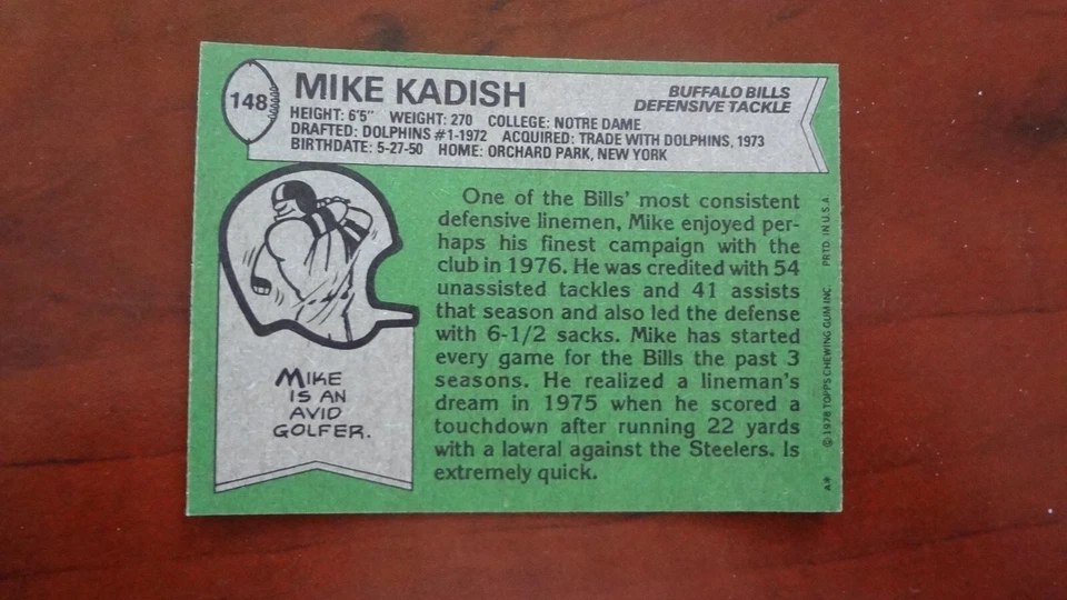 1978 TOPPS # 148 MIKE KADISH FOOTBALL CARD - Image 2 of 2