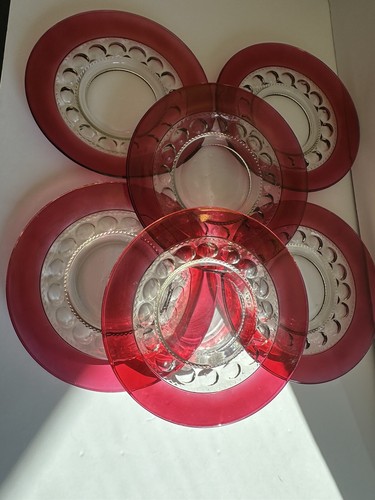 Tiffin Kings Crown Thumbprint Ruby Red Salad Dessert Luncheon Plates Set of 6 - Picture 5 of 24