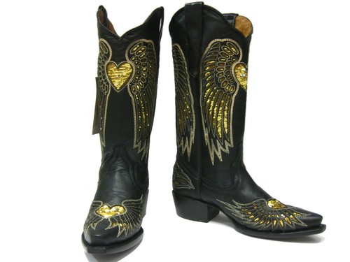 Botas de rodeo para mujer punta corta negras doradas corazón alas botas mujer talla 4.5, 5, 6 - Imagen 4 de 5