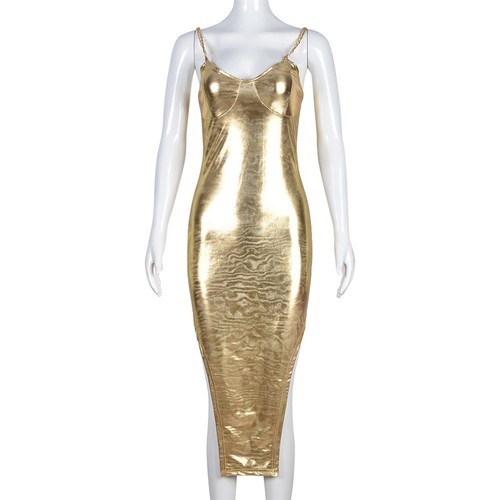 Womens Dress Long Costume Cross Back Clubwear Shiny Metallic Midi Party Dresses - Picture 11 of 19