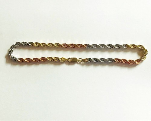 11.10 gm 14k Solid Gold Tri Color Diamond Cut Men's Women's Rope Bracelet 9" 4mm - Picture 3 of 4