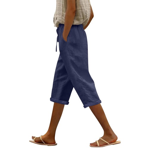 Women's Fashion Casual Loose Solid Colour Cotton Linen Drawstring 7/10 Pants - Picture 8 of 72