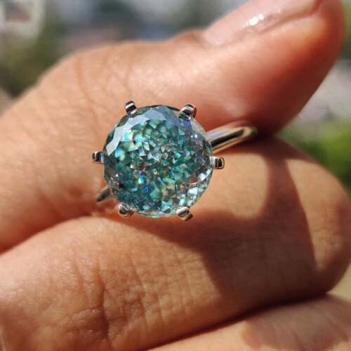 Runder cyanblauer Moissanit-Ring 4 kt Portugiesischschliff 14 kt Weißgold plattiert - Bild 3 von 10