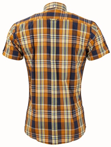 Camisa a cuadros Relco manga corta cuello abotonado tartán retro vintage naranja - Imagen 3 de 10