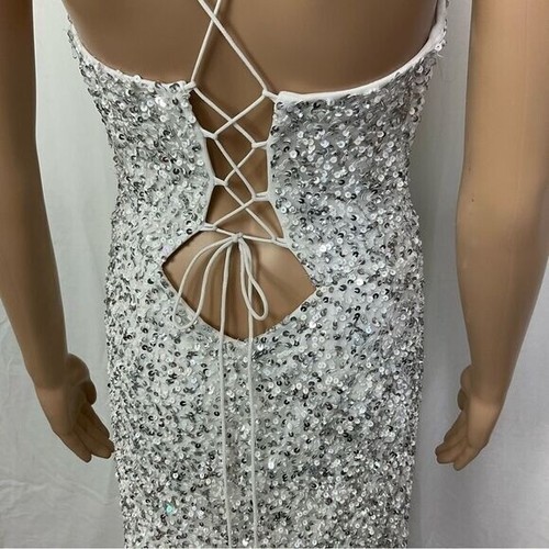 NUOVO SCALA abito maxi abito argento paillettes tromba stringato schiena 8 - Foto 9 di 11