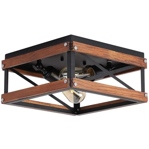 2 Lights Rustic Farmhouse Flush Mount Light Fixture Metal and Wood Black - Picture 1 of 9
