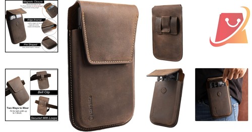 Crafted Dark Brown Leather Phone Holster for Large Smartphones – Vertical Design - Picture 2 of 8