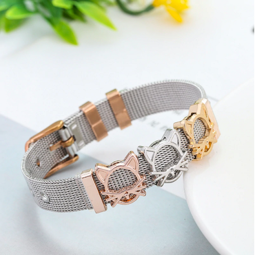 Dog Paws Or Cat Paws Stainless Steel Silver Mesh Slide Charm Bracelet Bangle - Foto 2 di 6