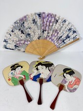 Vintage Japanese Folding Hand Held Fans Geisha FLORAL Hand Painted Paper Wood