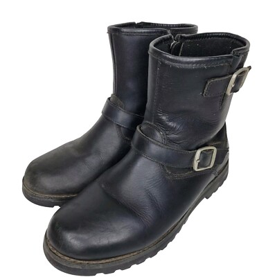 UGG Kids Girls Boots Size Harwell Bomber Black Leather Buckles Zip  Closure Box