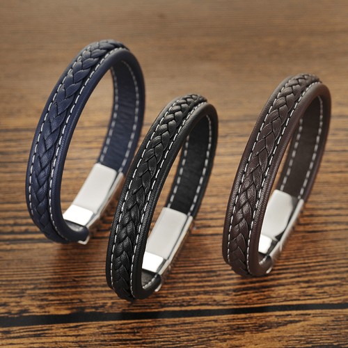 Bracelet Real Leather Men Titanium Steel Men's Wristband Fashion Black/Blue UK - Picture 2 of 7