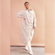 pretty little thing STONE TEXTURED GATHERED DETAIL LONG SLEEVE MIDI SHIRT DRESS