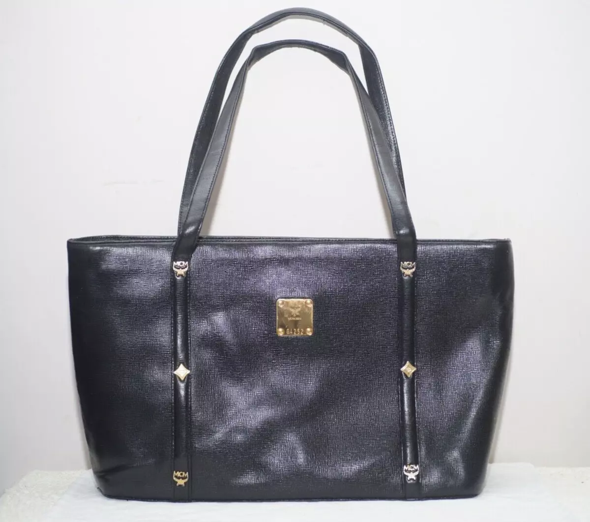 MCM Vintage Leather Signature Gold Studs Tote BAG IN BLACK