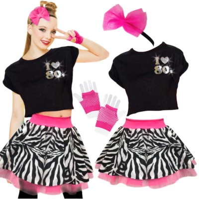 INSPIRED COSTUMES Womens 80's TOP SKIRT fancy dress Costume NEON ZEBRA Skirt or TOP UK ALL SIZES