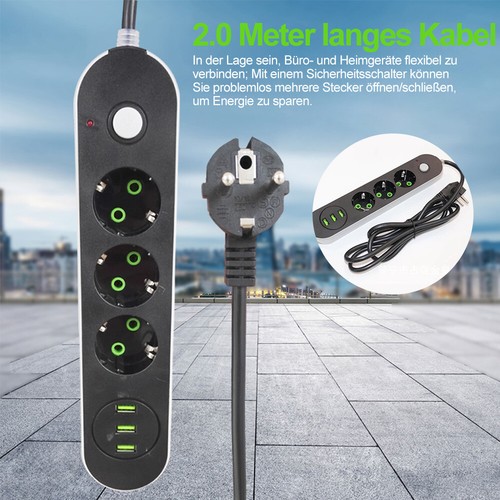 Mehrfachstecker 3-Fach mit 2x USB Steckdosenleiste Mehrfachsteckdose 2m Kabel - Afbeelding 5 van 12