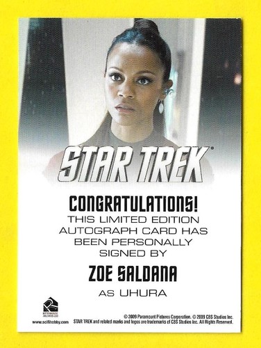 2009 Rittenhouse Star Trek Film Autogramm Zoe Saldana als Lt. Uhura - Bild 2 von 3