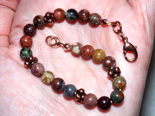 Mehrfarbig rosa grün orange hellbraun ausgefallen Jaspis massiv Kupfer Perlen Armband 7,25" - Bild 7 von 20