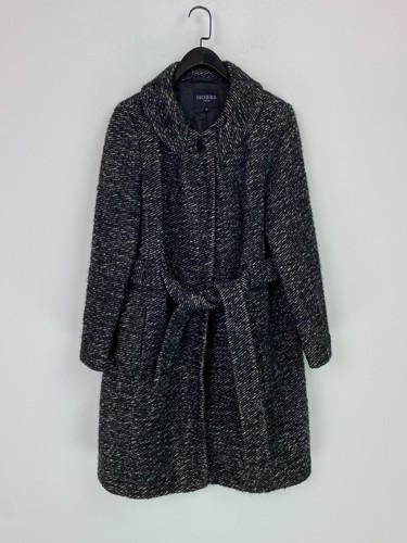 Hobbs Black White Wool Blend Belted Coat Textured Long Sleeve Winter UK 12