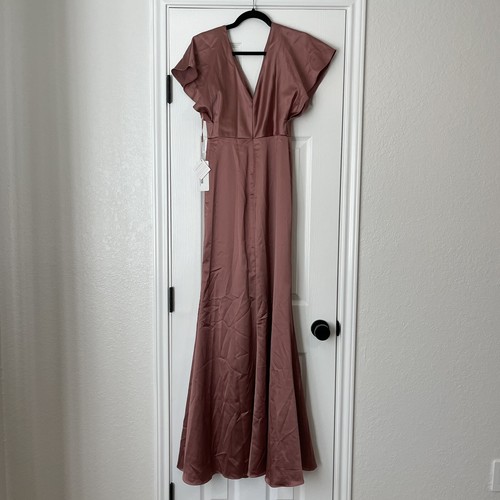 Revelry Gwen Satin Maxi Bridesmaids Dress Gown Desert Rose Size 4 A-Line V-Neck - Picture 4 of 13