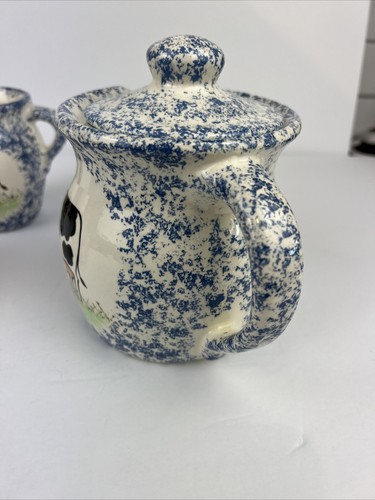 Molly Dallas Cows Blue Spongeware/Spatter ware Teapot Sugar Creamer Set - Imagen 5 de 21