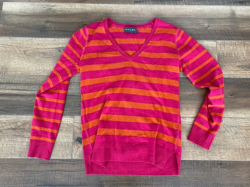 Michael Stars Pink Orange Striped V Neck Wool Cashmere Pullover Sweater Sz S/M - Picture 1 of 4