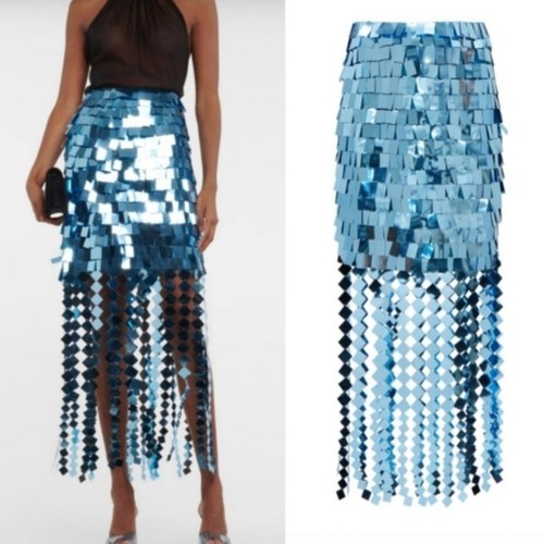 Falda Midi JONATHAN SIMKHAI Talla 6 Lucee Cuadrada Lentejuelas Azul Disco Flecos Nueva con Etiquetas - Imagen 16 de 16