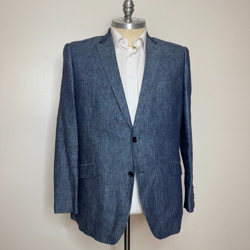Bachrach Blazer Sport Coat Mens 46R Blue 100% Linen Modern Fit